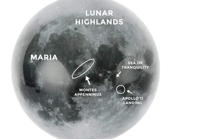 Maan MOVA Globe met maanhooglanden en andere geografische kenmerken